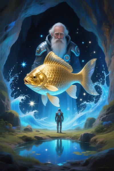 Загадочная пещера: старик, рыбка и межзвездный костюм в стиле Хипгнозис. Генерация из нейросети Qwen images Ai