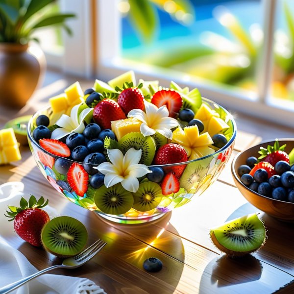 Летний фруктовый салат в хрустальной вазе под солнечными лучами. Изображение из нейросети Stable Diffusion