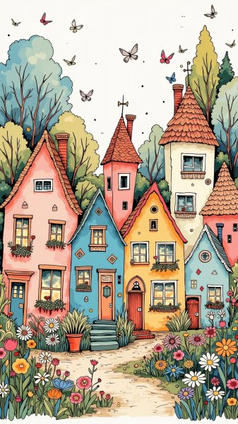 Сказочная деревня в стиле фолк-арта с нежными цветами и домиками. Нейронная сеть Flux 1