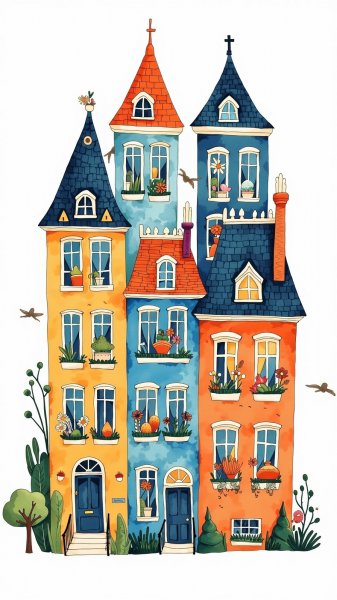 Очаровательные домики: вдохновение от Mary Blair и сказочный дизайн. Изображение из нейронной сети Flux.1