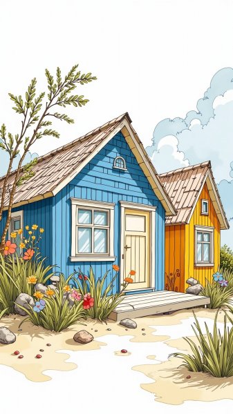 Пляжные домики в стиле Басфорд: изящные детали и тонкие линии для раскрашивания. Нейросеть Flux.1