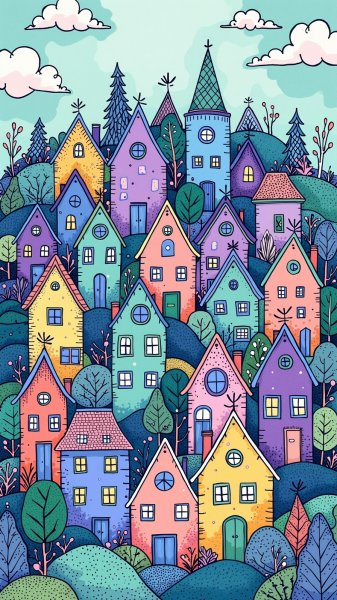 Яркий мультяшный пейзаж в стиле Наото Хаттори. Нейросеть Flux Ai