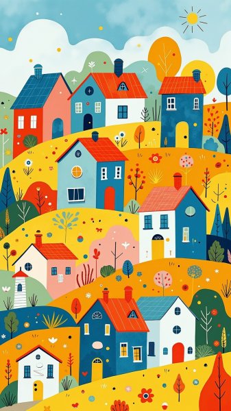 Радужные домики на холме: наивное искусство и творческая фантазия. Нейросеть Flux