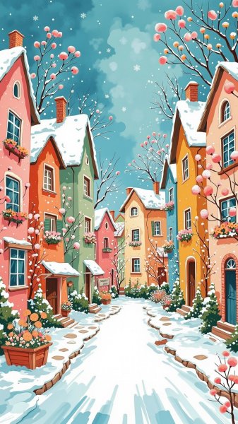 Зимний город в пастельных тонах: наивное искусство и очарование. Картинка из нейросети Flux Ai