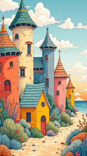 Пляжные домики в стиле фэнтези и Наото Хаттори. Картинка из нейросети Flux