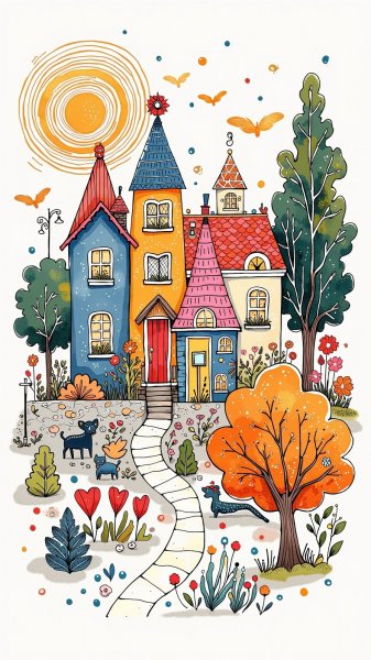 Яркая деревня в стиле наивного искусства и Томаса Кинкейда. Изображение из нейронной сети Flux