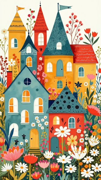 Яркие домики в стиле наивного искусства и Пиксара. Картинка из нейронной сети Flux Ai