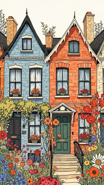 Уютные рядовые дома с цветами в стиле Анны Гармашовой. Картинка из нейросети Flux.1