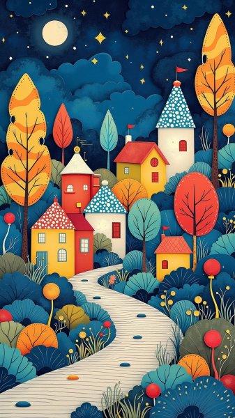Ночная деревня в сказочном стиле: яркие краски и игривые узоры. Генерация из нейросети Flux.1