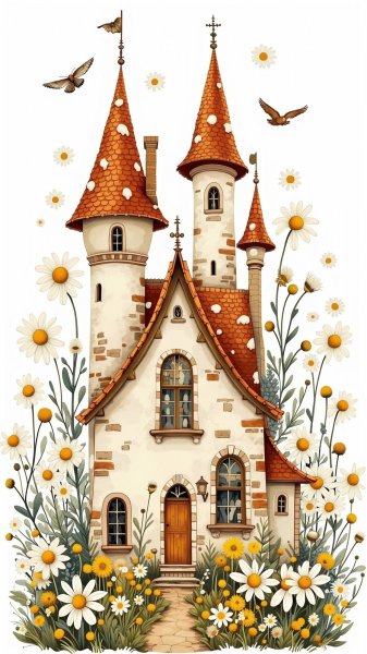 Очаровательный домик в стиле фольклорного искусства и карикатуры с ромашками. Картинка из нейросети Flux