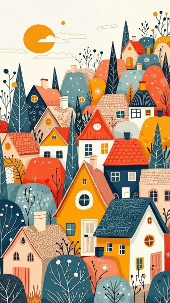 Милые домики на холме: наивное искусство в стиле Мэри Блэр. Изображение из нейронной сети Flux 1