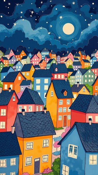 Очаровательный городок в стиле наивного искусства и мультфильмов. Картинка из нейронной сети Flux Ai