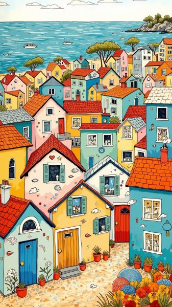 Пляжные домики в стиле Матисса: яркий фольклорный пейзаж. Нейросеть Flux 1