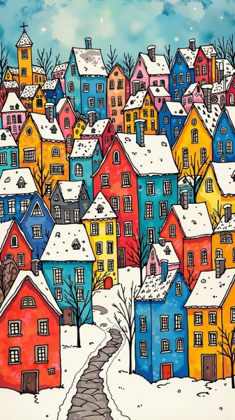 Зимний город в стиле Кинкайд и центангл. Изображение из нейронной сети Flux Ai