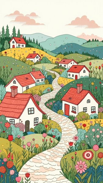 Сказки цветочного луга: волшебная деревня в стиле коттеджкор. Изображение из нейронной сети Flux.1