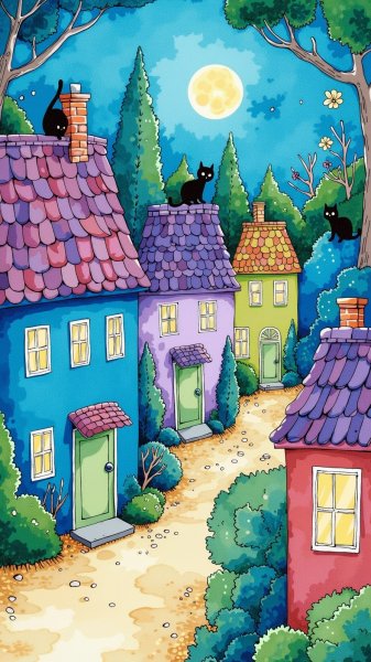 Ночные крыши: очарование и тепло в стиле народной живописи Матисса. Изображение из нейронной сети Flux Ai