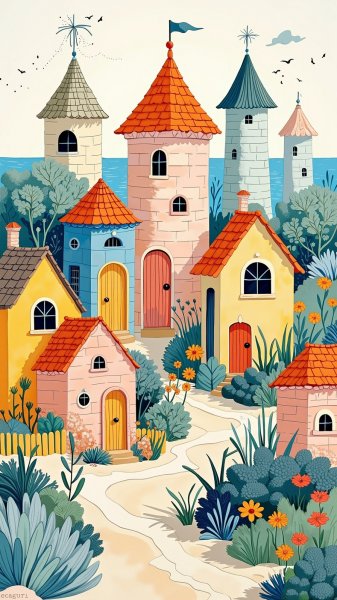 Пляжные домики в стиле Hattori: причудливая глубина и перспектива. Генерация из нейронной сети Flux