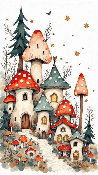 Сказочная деревня в лесу: волшебный мир иллюстрации фольк-арт. Генерация из нейросети Flux.1