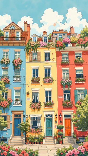 Яркий город в стиле народной иллюстрации. Картинка из нейронной сети Flux.1