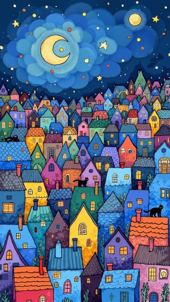 Загадочный городок в стиле Матисса и народных мотивов. Картинка из нейронной сети Flux