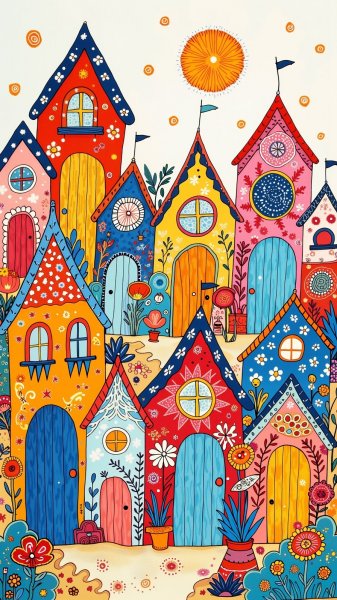 Яркие пляжные домики в наивном стиле и духе Наото Хаттори. Картинка из нейросети Flux.1