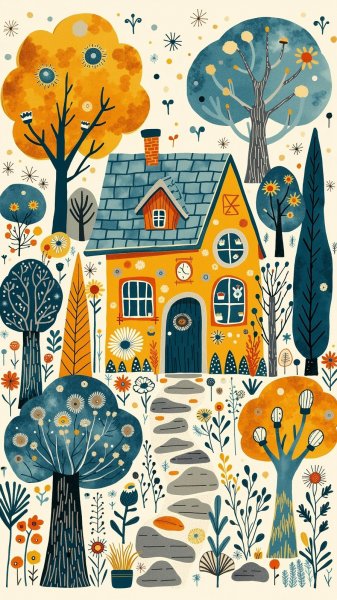 Сказочные домики в волшебном лесу: уютная иллюстрация в стиле коттеджкор. Картинка из нейронной сети Flux 1