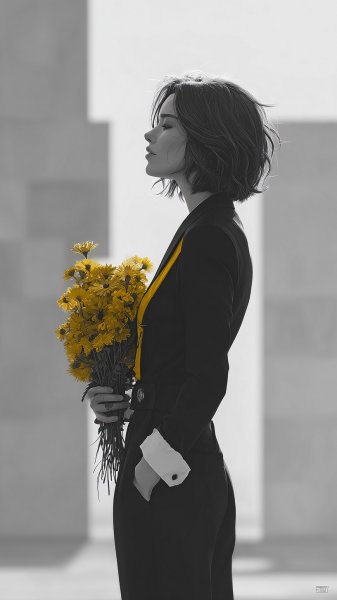 Черно-белый портрет с желтым акцентом: взгляд на горизонт в городском пейзаже. Генерация из нейросети Midjourney