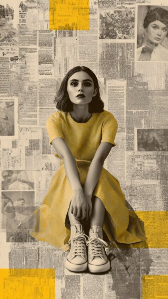 Монохромный портрет: девушка в желтом среди газетных вырезок и слоев новостей. Картинка из нейронной сети Миджорни
