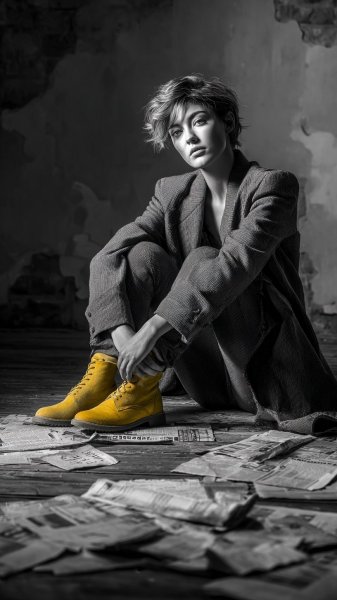 Задумчивый портрет в черно-белом стиле с ярким акцентом. Нейронная сеть Midjourney