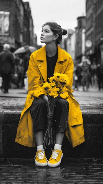 Яркая желтизна в черно-белом мире городской суеты. Нейросеть Midjourney