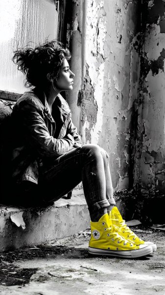 Молодая женщина и яркие акценты в монохромном мире. Картинка из нейросети Midjourney