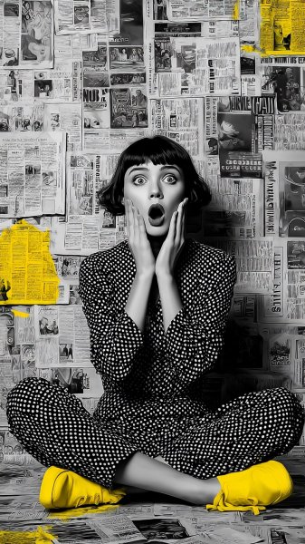 Монохромный кадр: неожиданный акцент и бумага вокруг. Картинка из нейронной сети Midjourney