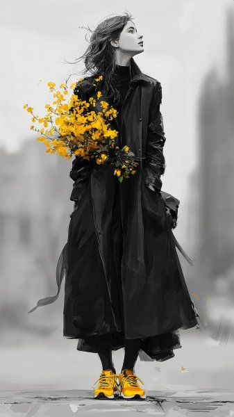 Желтый акцент в сером городе: взгляд на улицу и букет цветов. Изображение из нейросети Midjourney