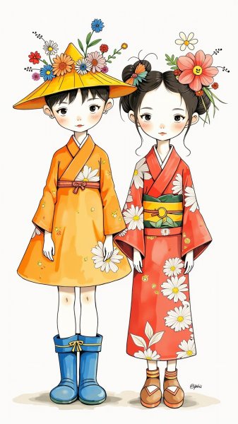 Две юные девушки в ярких нарядах: красочный рисунок. Нейросеть Flux.1