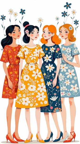 Девушки в народном стиле: яркие краски и простота линий. Картинка из нейронной сети Flux.1