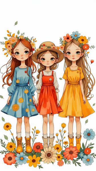 Девочки в цветах: яркая иллюстрация с улыбками и цветочными мотивами. Нейронная сеть Flux.1