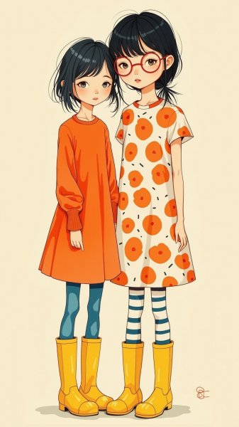 Две девочки в минималистичном зентангле: взгляд зрителя и яркие детали. Изображение из нейросети Flux 1