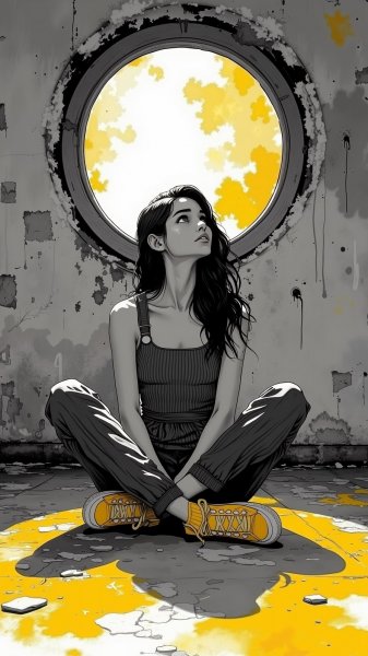 Желтый акцент в монохромном мире: размышления в заброшенном пространстве. Картинка из нейросети Flux.1