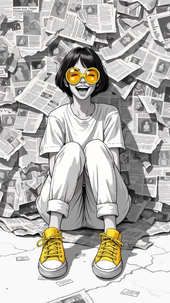 Яркий жёлтый акцент: Стиль и хаос в чёрно-белом мире. Генерация из нейронной сети Flux Ai