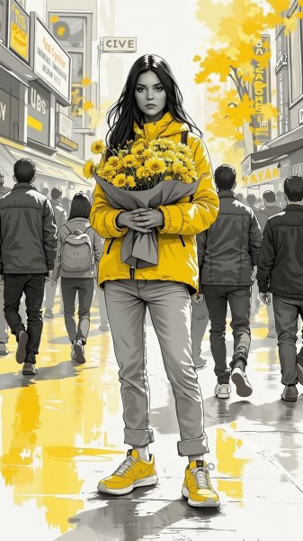 Желтый акцент в монохроме: портрет женщины среди городской суеты. Нейросеть Flux 1