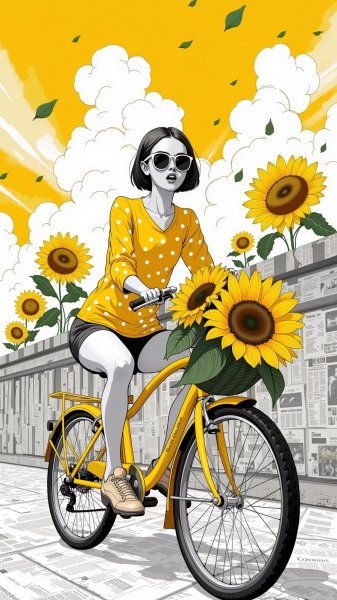 Яркий велосипед в поле подсолнухов и неожиданное выражение. Картинка из нейросети Flux