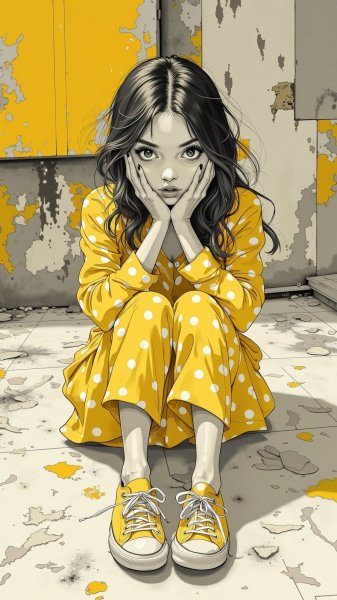 Загадочная встреча: девушка в горошек и жёлтые акценты. Генерация из нейронной сети Flux Ai