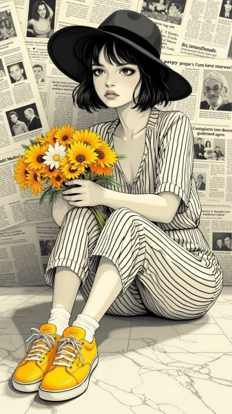 Молодая женщина с букетом в черно-белом мире. Картинка из нейронной сети Flux