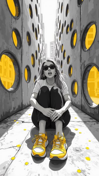 Девушка в жёлтых кроссовках: монохромная сцена в бетонном пространстве с городским пейзажем. Генерация из нейронной сети Flux.1