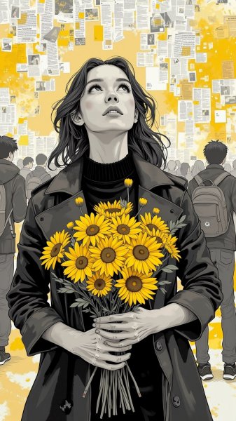 Девушка в толпе: черно-белый портрет с ярким цветочным акцентом и взглядом вверх. Картинка из нейросети Flux 1