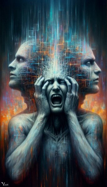 Одержимость и раздвоение: психоделический портрет в стиле Делорта. Картинка из нейросети Dalle 3