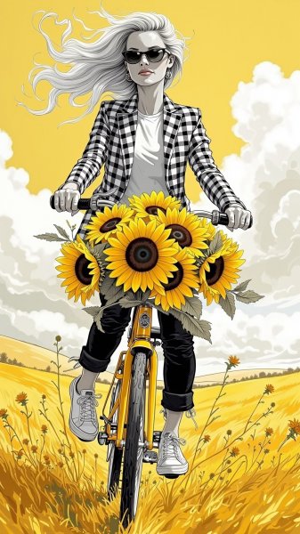 Девушка на велосипеде: яркий акцент в черно-белом мире. Нейросеть Flux 1