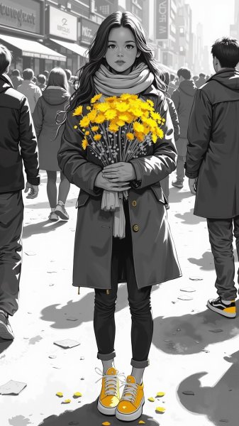 Девушка с желтыми цветами в толпе оживленного города. Изображение из нейросети Flux 1