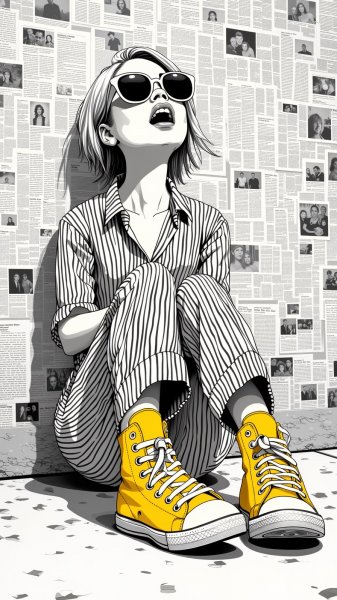 Девушка в полосках: монохромный крик среди газетных обрывков. Нейронная сеть Flux Ai