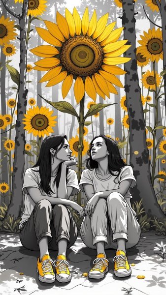Созерцание подсолнуха: черно-белая композиция с девушками и лесом. Генерация из нейросети Flux Ai